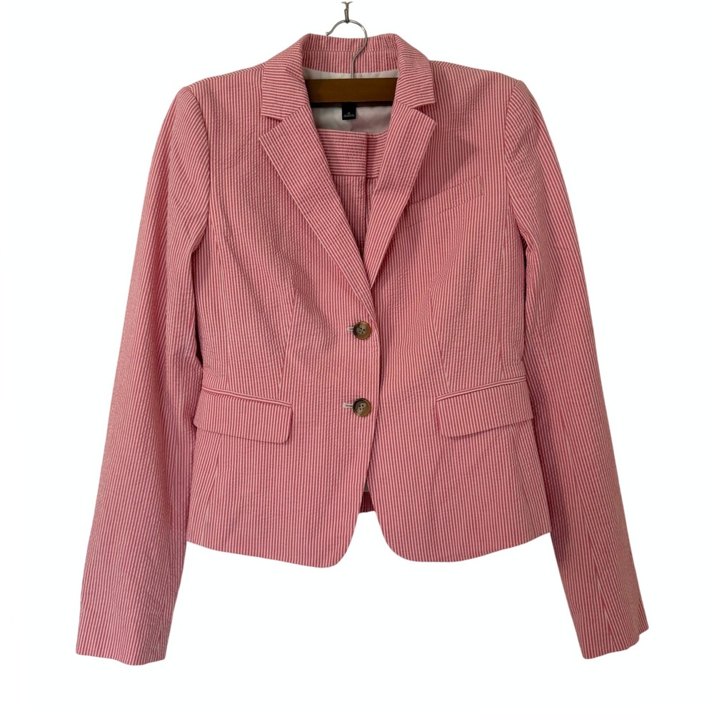 Ann Taylor Pink White Striped Seersucker Short Suit Set Blazer Shorts Size 0